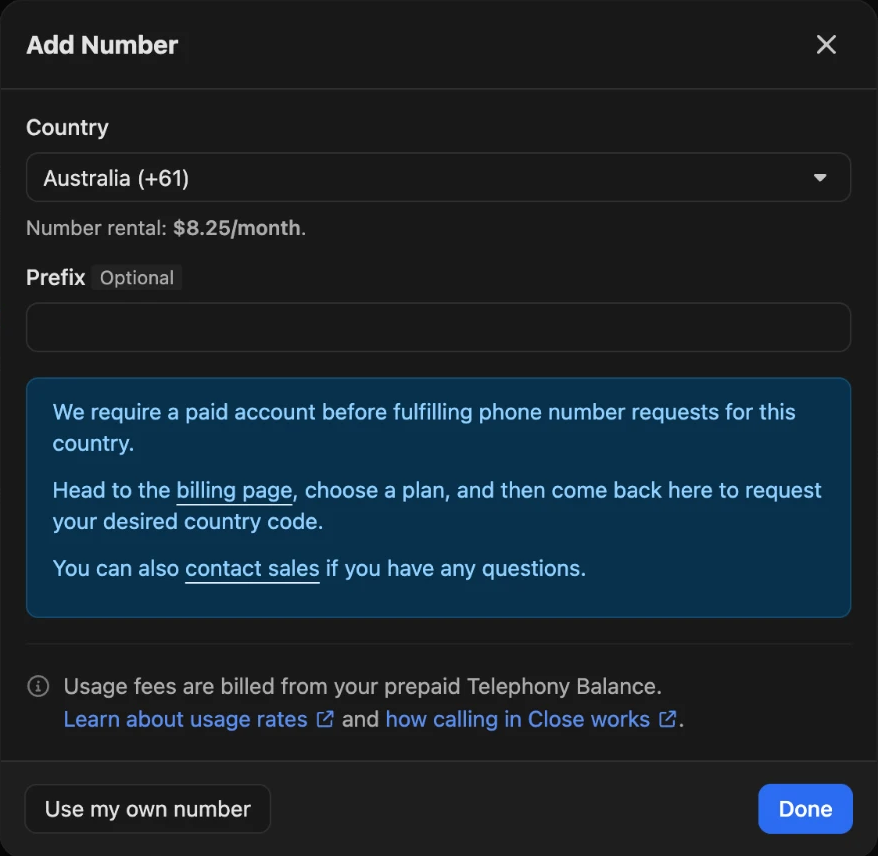 Close's Add Number dialog with Australia (+61) selected, showing Number rental: $8.25/month and a blue notice that Close requires a paid account before fulfilling phone number requests for this country, with a Done button