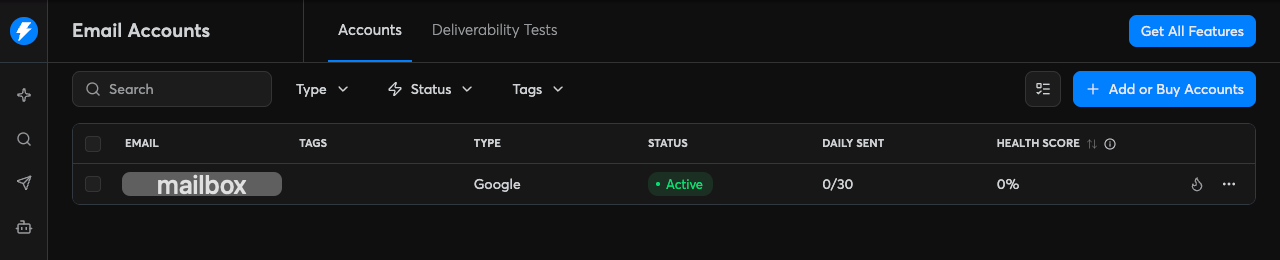 Instantly's Email Accounts list with one Google account (address masked): status Active, Daily sent 0 of 30, Health score 0%
