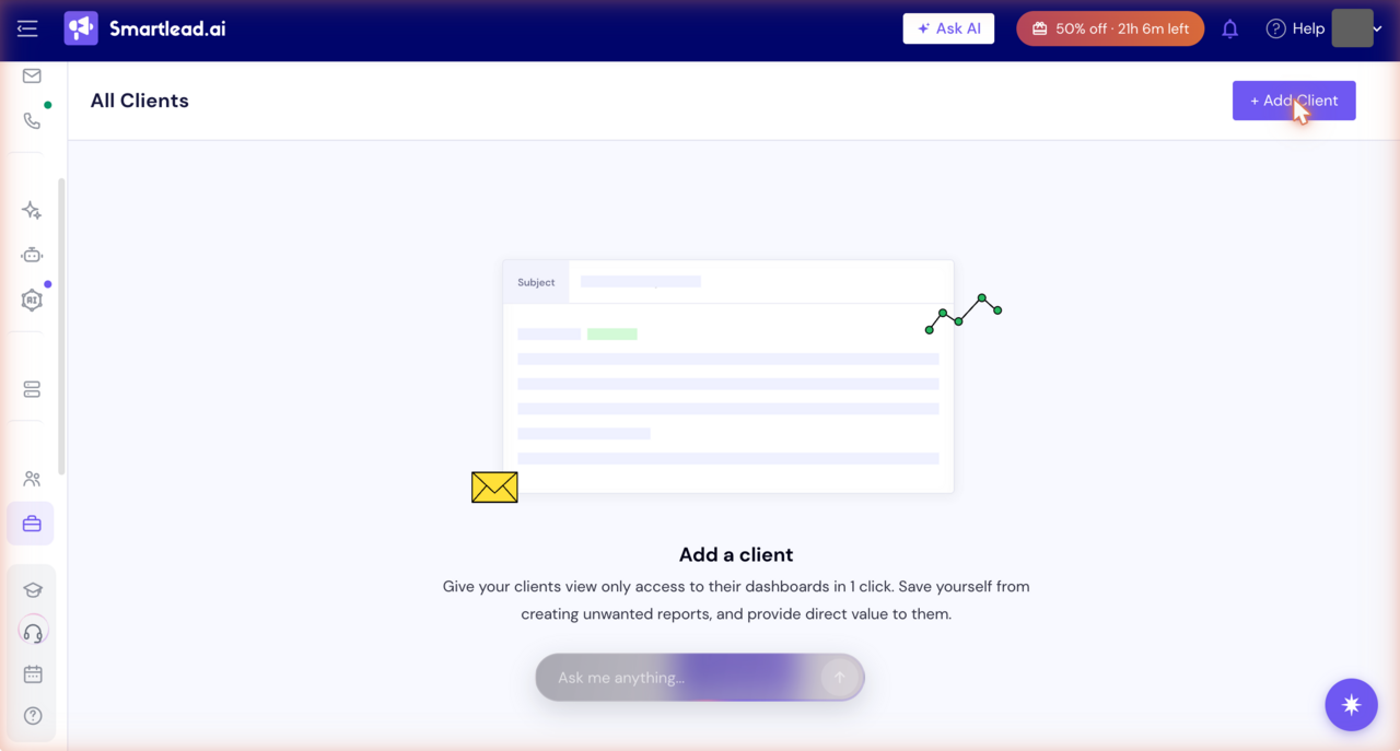 Smartlead's Client Portal page in the owner's trial account, with no clients: the heading All Clients, a + Add Client button at the top right, and the text 'Add a client. Give your clients view only access to their dashboards in 1 click. Save yourself from creating unwanted reports, and provide direct value to them.'